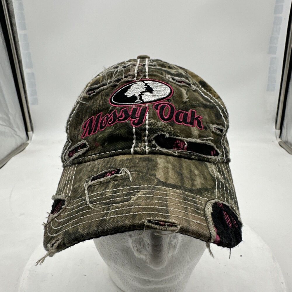 Mossy Oak Pink Camo Hat Cap Embroidered Distressed Camouflage Hook Loop